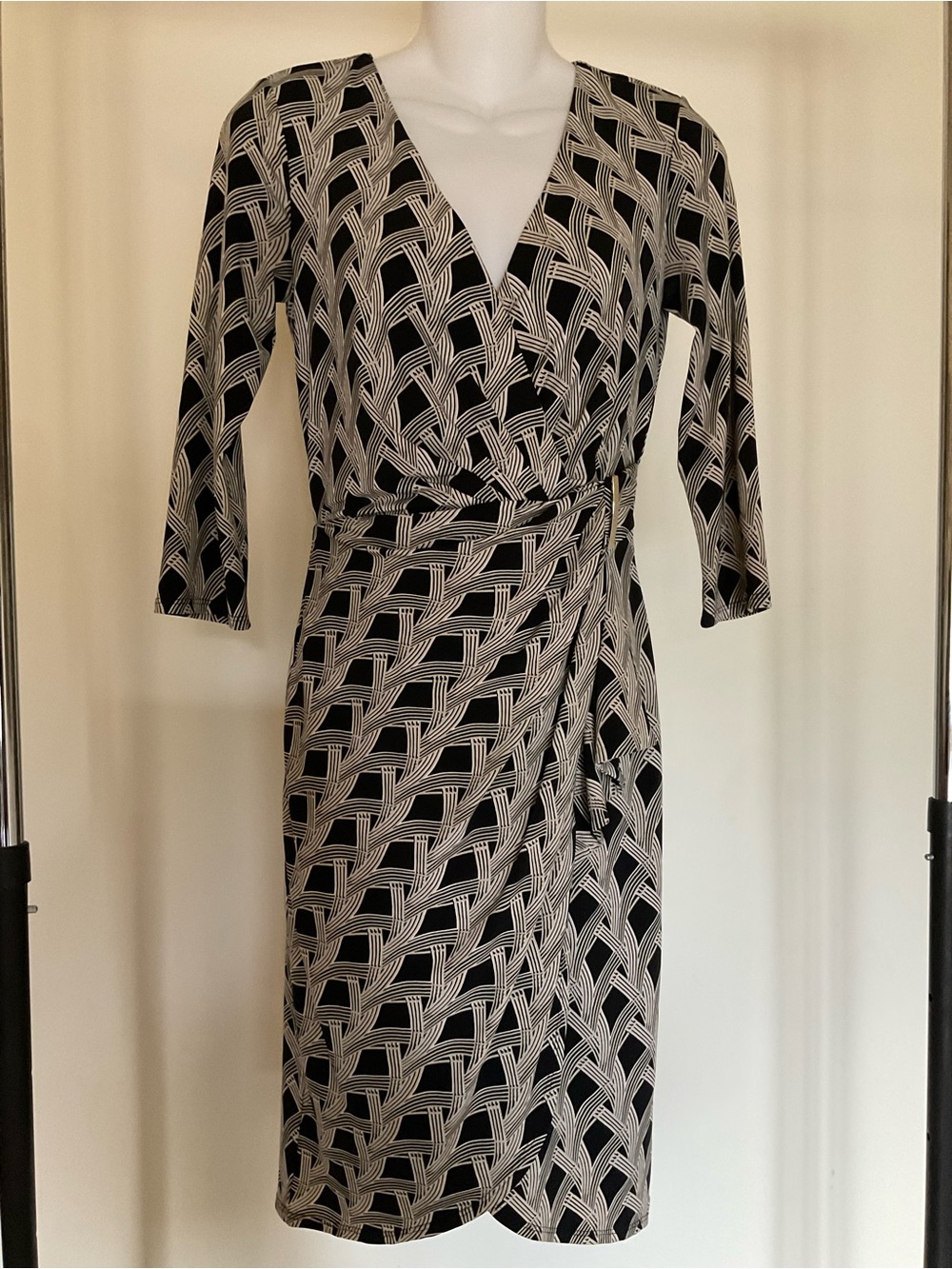 White House Black Market Black & Cream Geometric Wrap Midi Dress